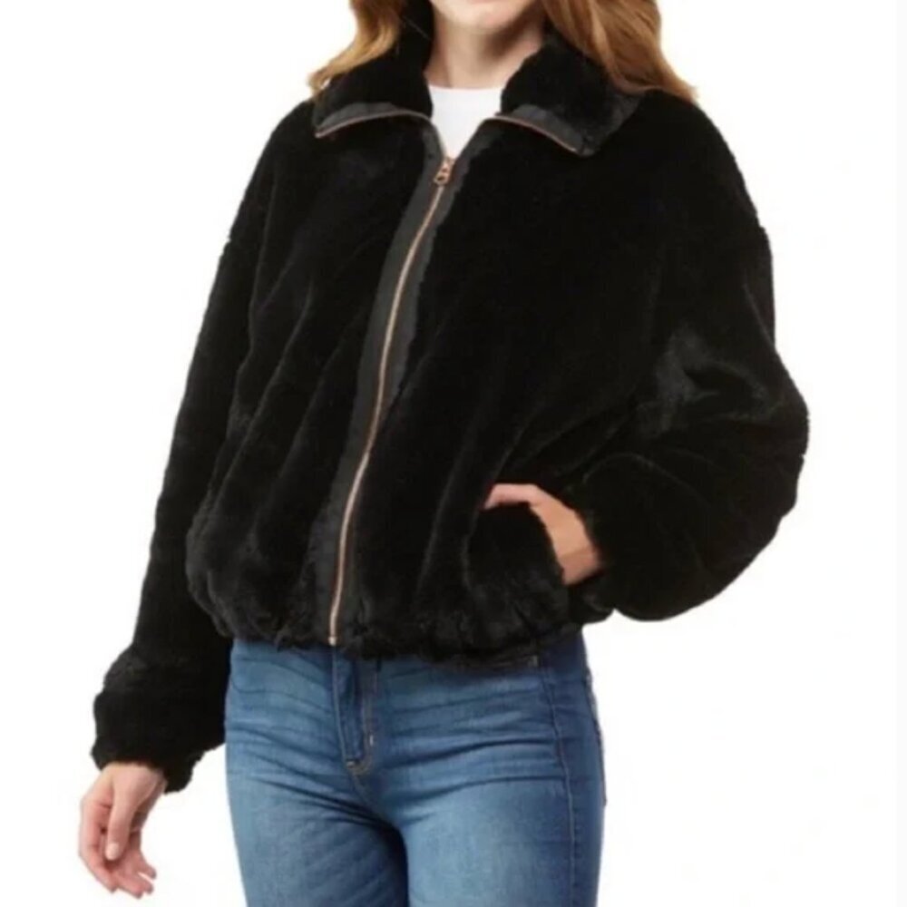 Nwt Lucky Brand Faux Fur Hooded Bomber Jacket Black Rose Gold Xl
